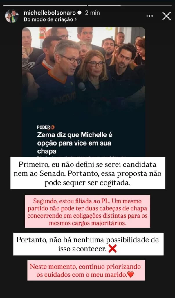 Michelle Bolsonaro descarta ser vice de Romeu Zema e alega impedimento partidário